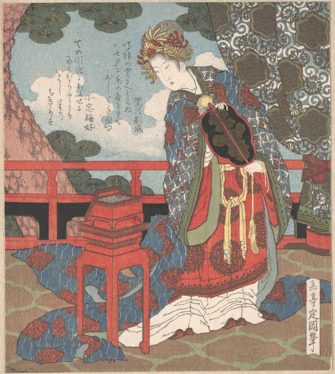 ベランダに立つ扇子を持つ女性 作： 八島学亭