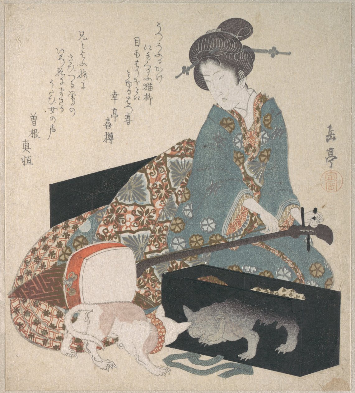 三味線を調弦する女性と自分の姿を映して見る猫 作： 八島学亭