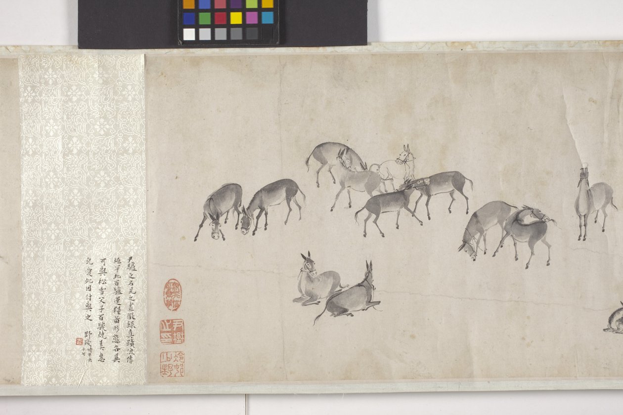 穀物を運ぶ100頭のロバ、手巻、1700年頃（紙にインク） 作： イェ・イン