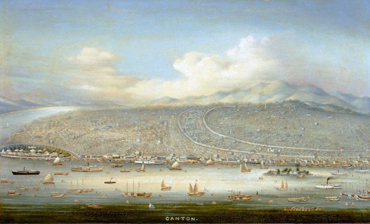1865年の沙面島と広東の眺め 1880年頃（油彩・パネル） 作： 宜昌宜昌