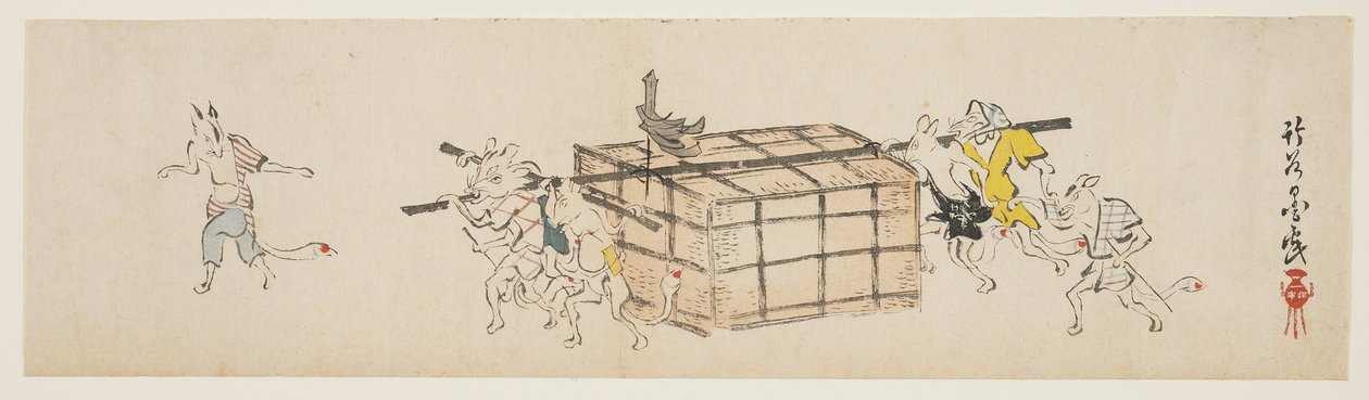 コッファーを運ぶ白いキツネ、c.1840（カラー木版印刷） 作： 依田築国