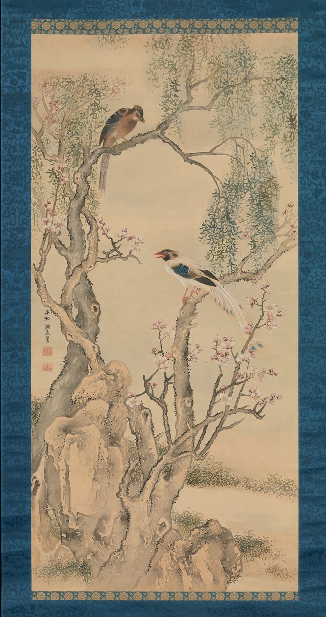 柳と開花桃の木の鳥。 作： ヨサ・ブソン
