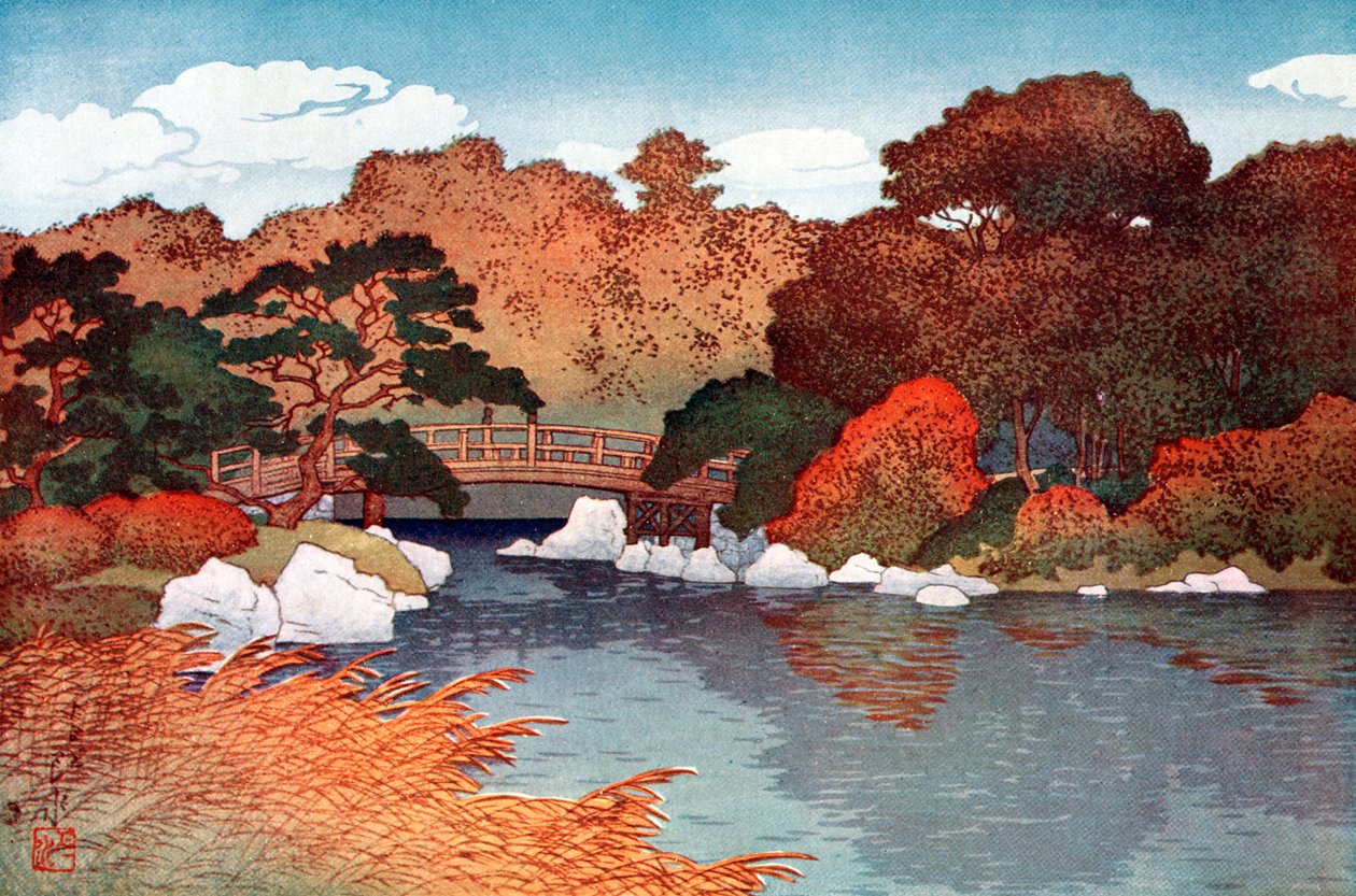 向こう島の百花園の秋、c1900-1950。 作： 吉田博