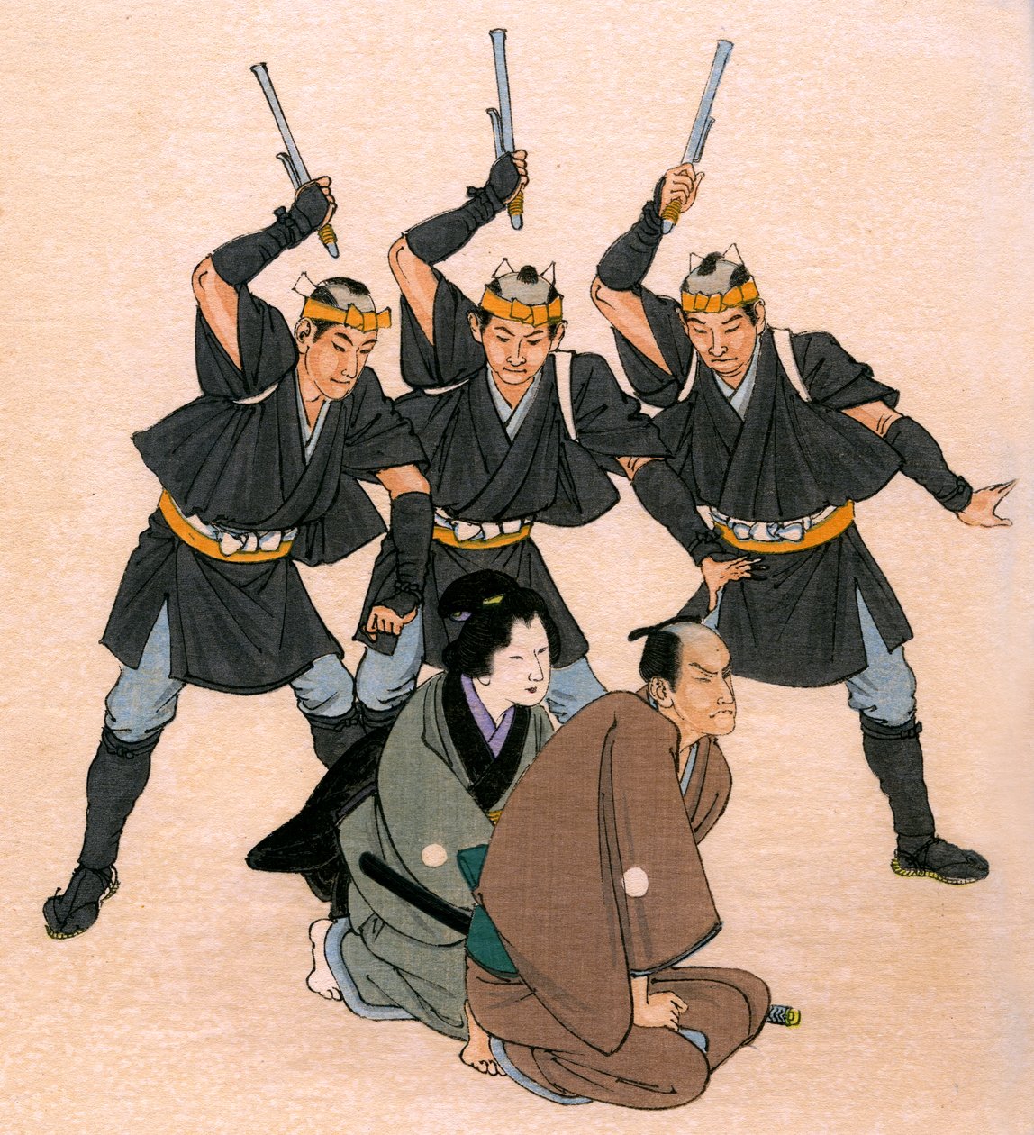 日本の伝統演劇: 3 人の武士が男性キャラクターと女性キャラクターを脅かす 作： 荒井義宗