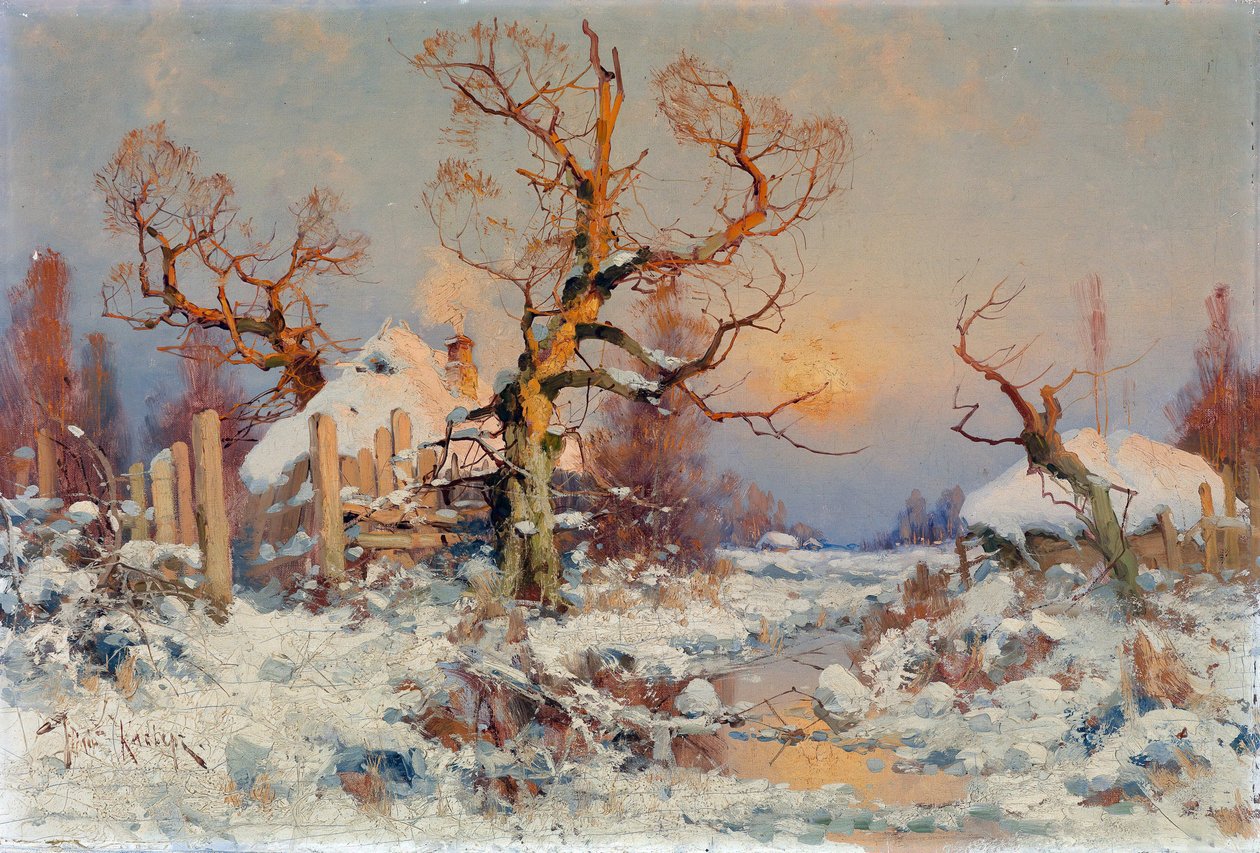 夕日の冬の風景。 Juli Julievich (Julius) von Klever (1850-1924) による絵画、キャンバスに油彩、19 世紀後半から 20 世紀初頭。 ロシアの芸術、リアリズム。 プライベート コレクション。 作： ユリウス・クレバー