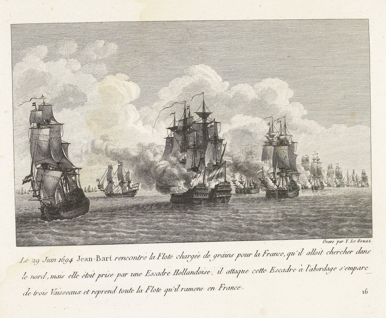 Jan Bart herovert graanschepen op een Hollands eskader、1694 1694 年 6 月 29 日、ジャン=バールはフランスに向けて穀物を積んだ艦隊に会い (...)、フランスに持ち帰ったすべての艦隊を乗っ取った (オブジェクトの称号) Eのチーフ、ジャン・バールの戦いのコレクション 作： イヴ・マリー・ル・グアズ