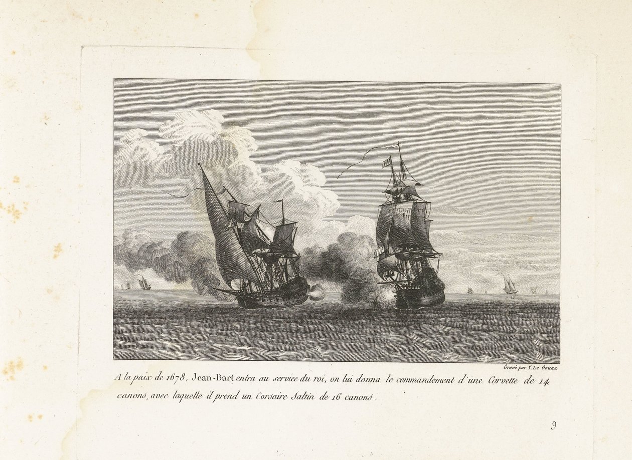 Jan Bart in dienst van de koning van Frankrijk, 1678 1678 年の和平で、ジャン=バールは国王に仕え、14 門のコルベットの指揮を与えられ、16 門のコルセア サルタン (オブジェクトの称号) を手に入れました。 櫛のコレクション 作： イヴ・マリー・ル・グアズ