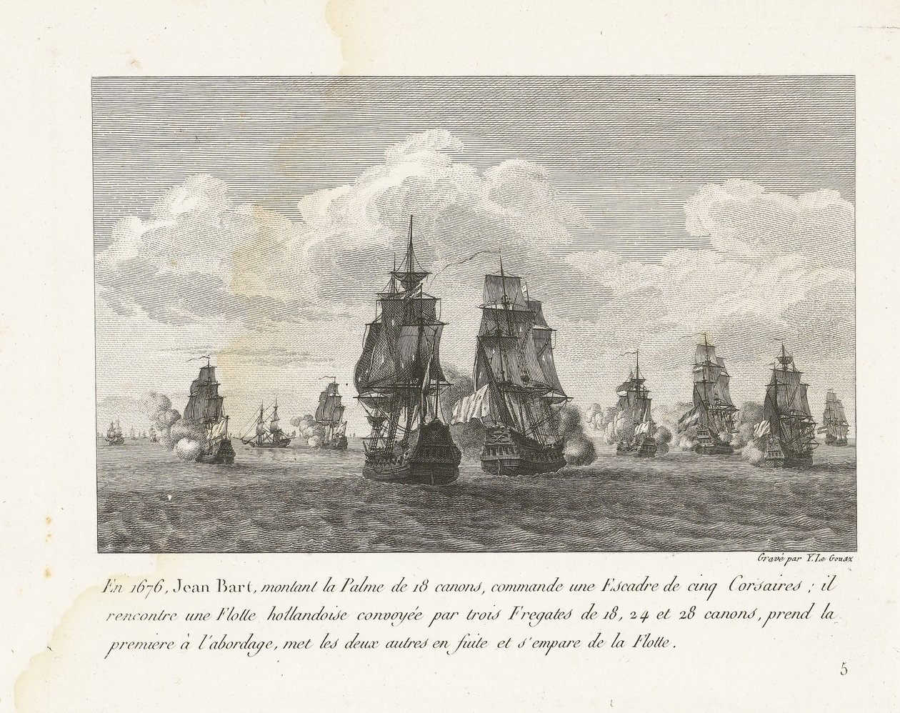 Jan Bart valt と zijn eskader een Hollandse vloot aan, 1676 1676 年、18 門のパルムを搭載したジャン バールは、5 隻のコルセアからなる戦隊を指揮しました (...) (オブジェクトのタイトル) ルイ14世時代の戦隊指揮官ジャン＝バールの戦闘集（連載タイトル） 作： イヴ・マリー・ル・グアズ