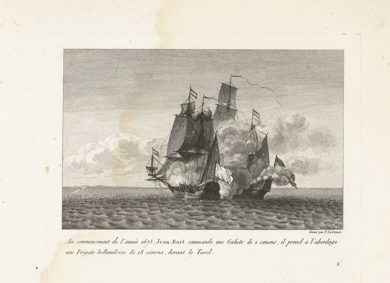 Jan Bart verovert een Hollands fregat bij Texel, 1675 1675 年の初めに、ジャン バルトは 2 門のガリオテを指揮しました。彼はテクセルの前で 18 門のオランダのフリゲート艦に乗り込みました (オブジェクトのタイトル)。 Jean-B の戦いのコレクション 作： イヴ・マリー・ル・グアズ