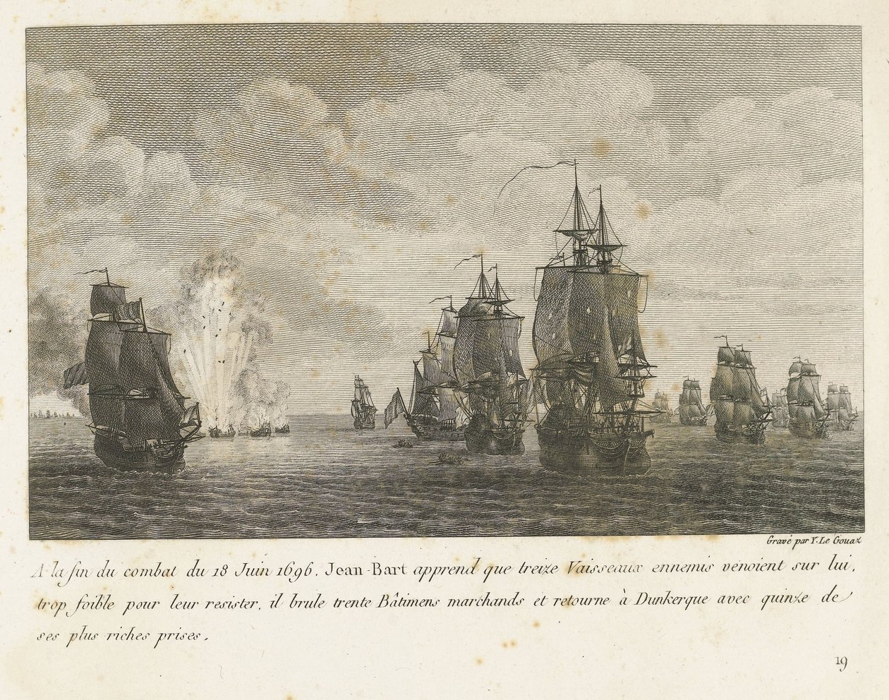 Treffen tussen een vloot onder Jan Bart en een Hollandse vloot、1696 1696 年 6 月 18 日の戦闘の終わりに、ジャン=バールは 13 隻の敵船 (...) を知り、15 の最も豪華な賞品 (オブジェクトの称号) を持ってダンケルクに戻ります。 コンバのコレクション 作： イヴ・マリー・ル・グアズ