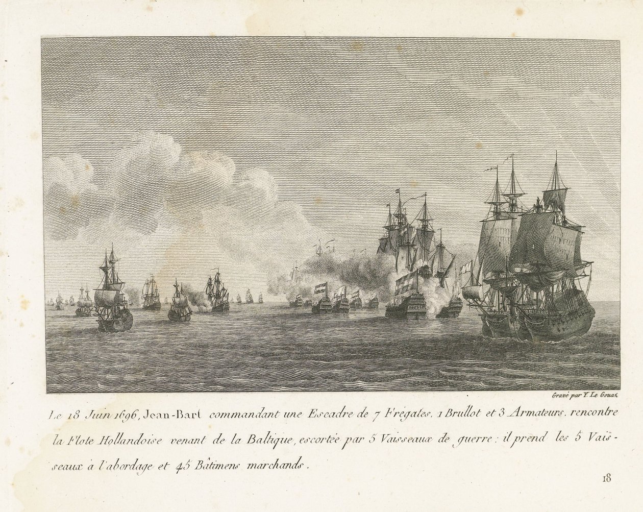 Treffen tussen een vloot onder Jan Bart en een Hollandse vloot、1696 1696 年 6 月 18 日、7 隻のフリゲート艦からなる戦隊を指揮するジャン バルト (...) は、バルト海からやってきたオランダ艦隊と出会う (オブジェクトの称号) Escのチーフ、ジャン・バールの戦いのコレクション 作： イヴ・マリー・ル・グアズ