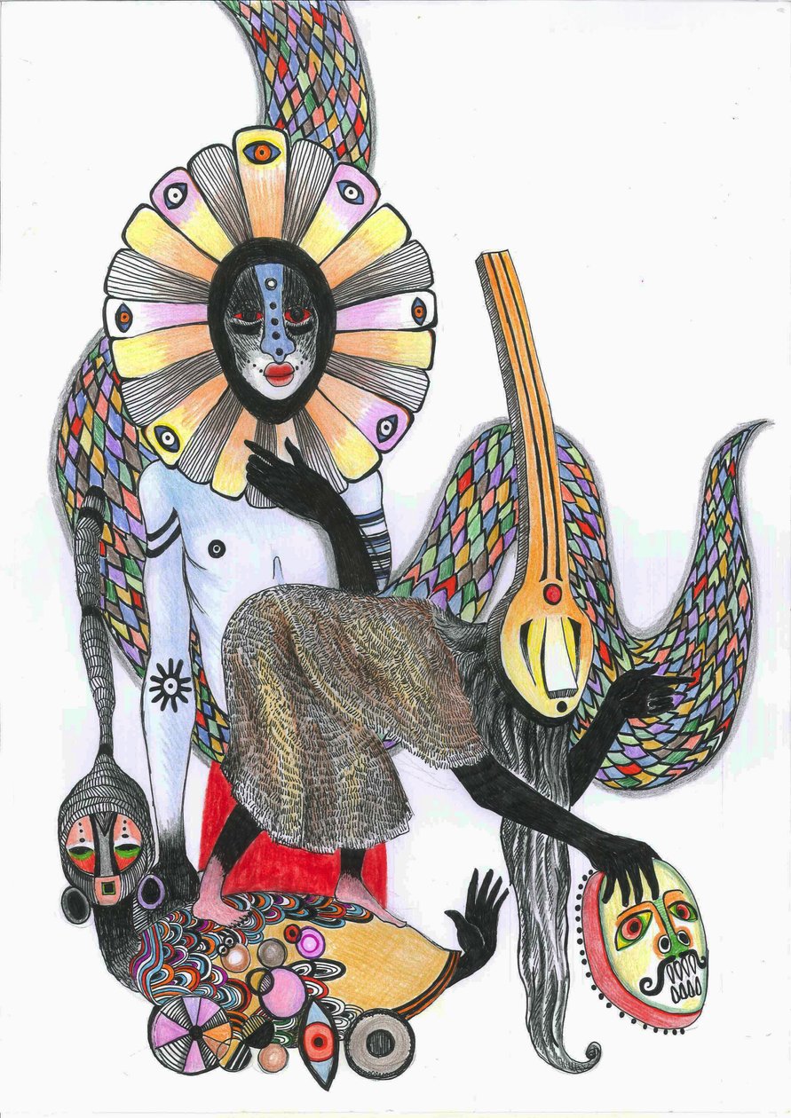 Dance of the Masks、2012年（紙にペン、インク、色鉛筆） 作： ザナラ・サビーナ・ネデルチェバ・ウィリアムズ