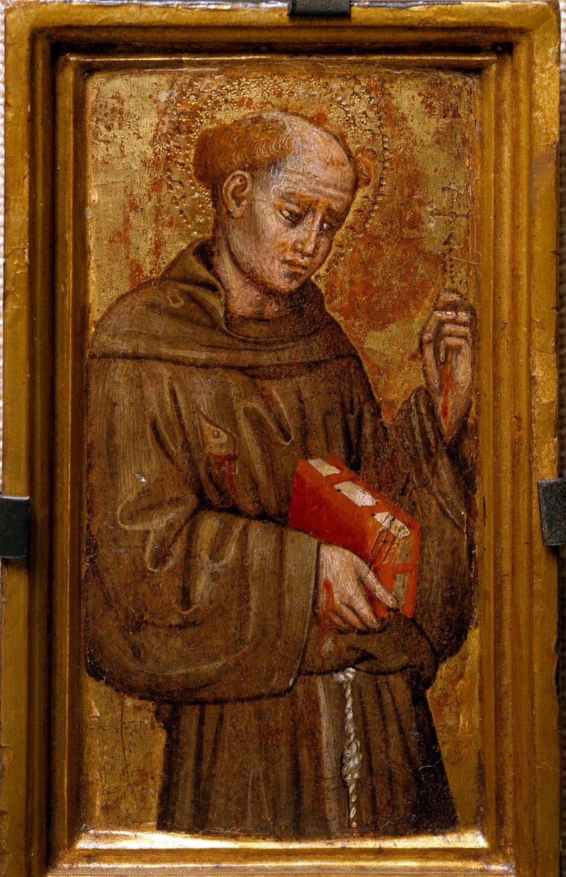 アッシジの聖フランソワ（聖フランチェスコ） ザニーノ・ディ・ピエトロ（1389-1448）作画 1415年 薄暗い 14x7 cm アッシジ、サン・フランチェスコ聖堂のテゾーロ美術館。Perkinsコレクション 作： ザニノ・ディ・ピエトロ