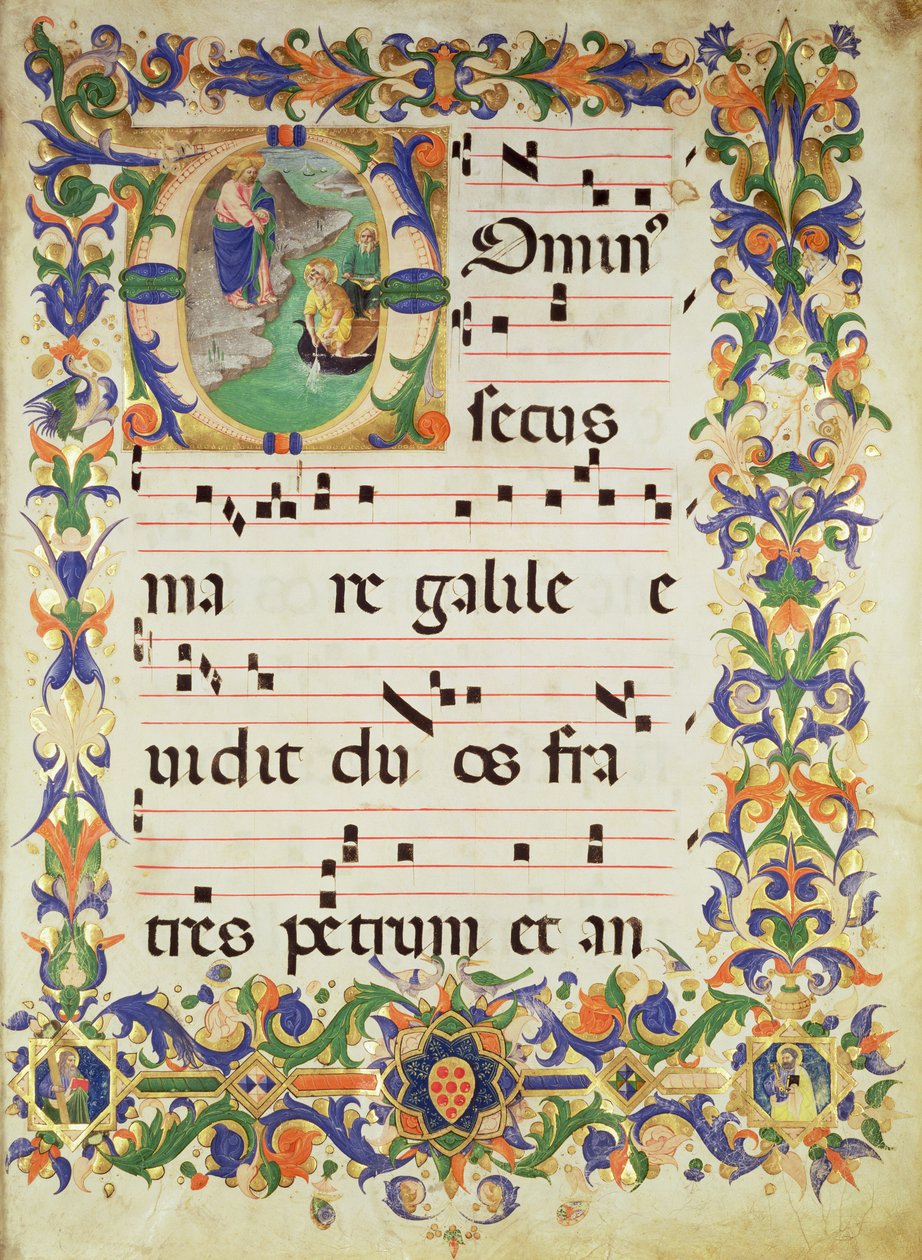 Missal 515 f.1r聖ペテロと聖アンドリューの召しを描いた歴史的イニシャル「O」を含む合唱曲のページ。 作： ベネデット・ストロッツィ作『ザノビ』