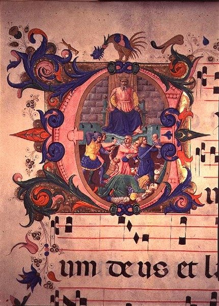 ミッサ515 f.13v 1449年以前に実行された合唱団の本からのイノセントの虐殺（詳細は88910-11を参照） 作： ベネデット・ストロッツィ作『ザノビ』