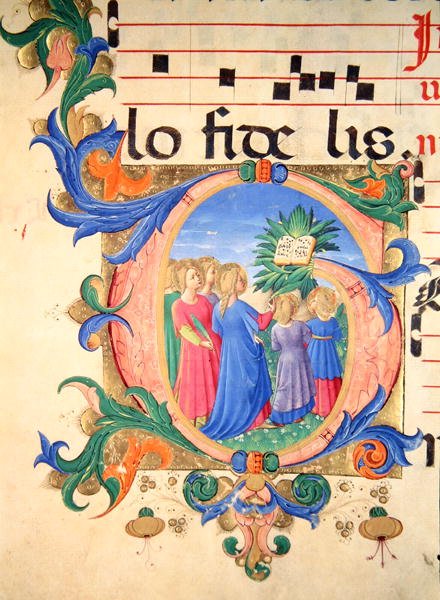 Missal 515 f.144v 楽園に入る信者を描いたヒストリカルイニシャル「G」（ベラム製 作： ベネデット・ストロッツィ作『ザノビ』
