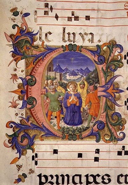 Missal 515 f.5r 歴史的なイニシャルで描かれた聖ステファノの殉教、1449年以前に制作された聖歌隊の楽譜からFilippo di Mateo Torelli (1409-68) によって彩色された境界線（ヴェラム）。 作： ベネデット・ストロッツィ作『ザノビ』