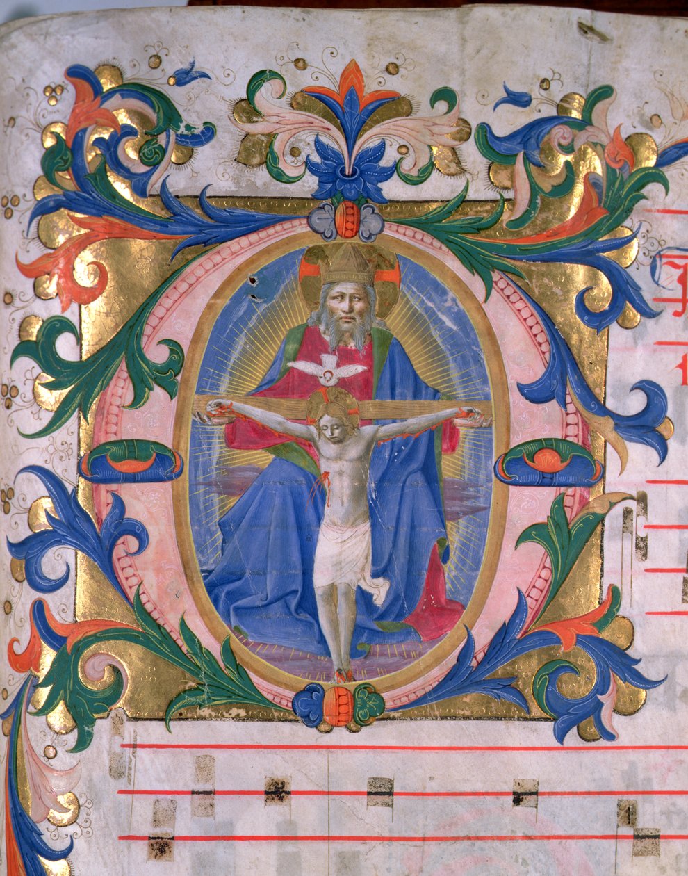 Ms 523 f.166r 三位一体が描かれた歴史的なイニシャル「O」、1446年から60年頃のミサールより（ヴェラム製） 作： ベネデット・ストロッツィ作『ザノビ』