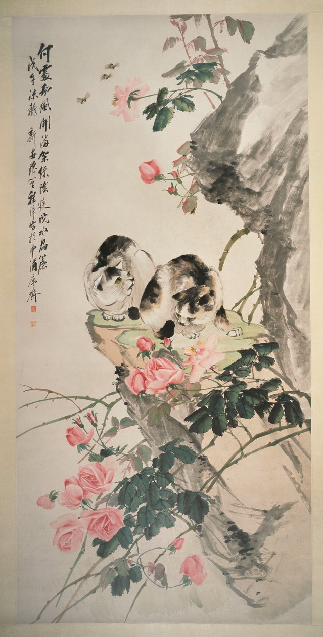 薔薇のある岩の上の猫たち 作： チャン・チェン
