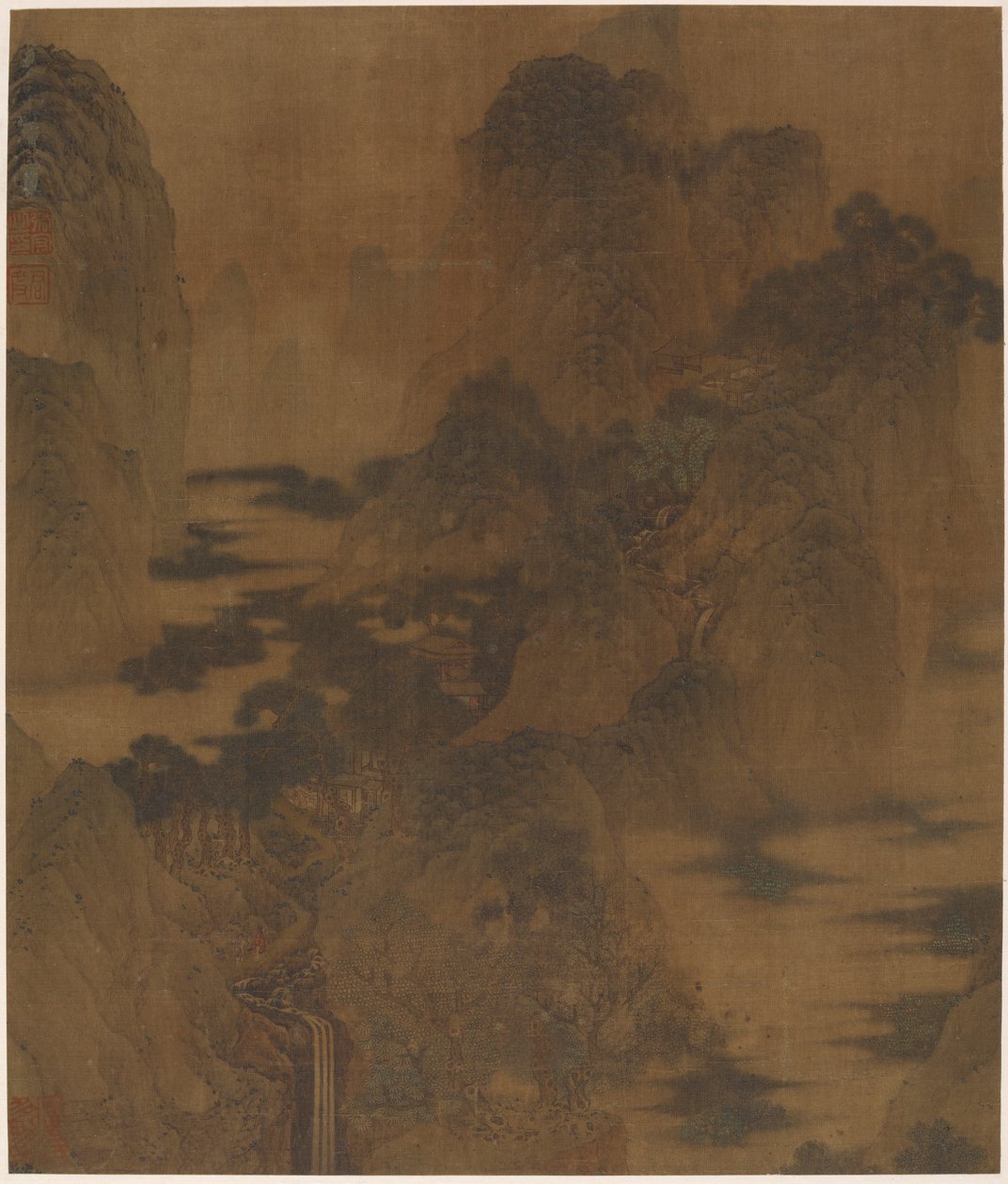 風景：山峡、霧、小川、建物 作： チャン・ホン