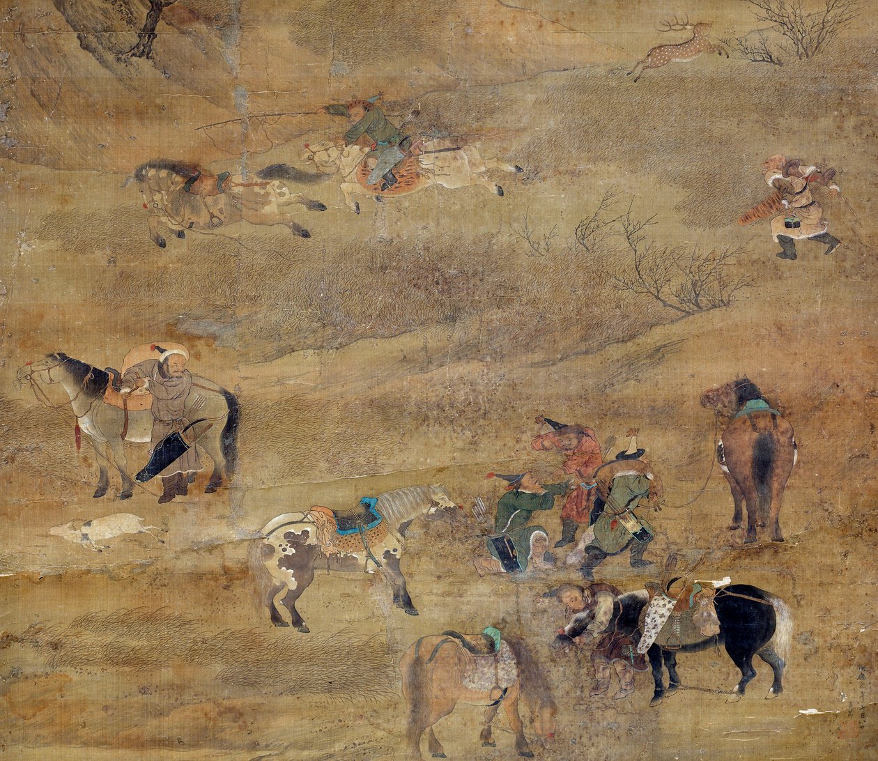 馬を追いかけるモンゴル人騎手。詳細絹本著色 佛頂僧侶（1254-1322）筆。元時代（1206-1368 AD） パリ、ギメ美術館、国立アジア美術館 作： 趙孟府チャオ・メンフーまたは
