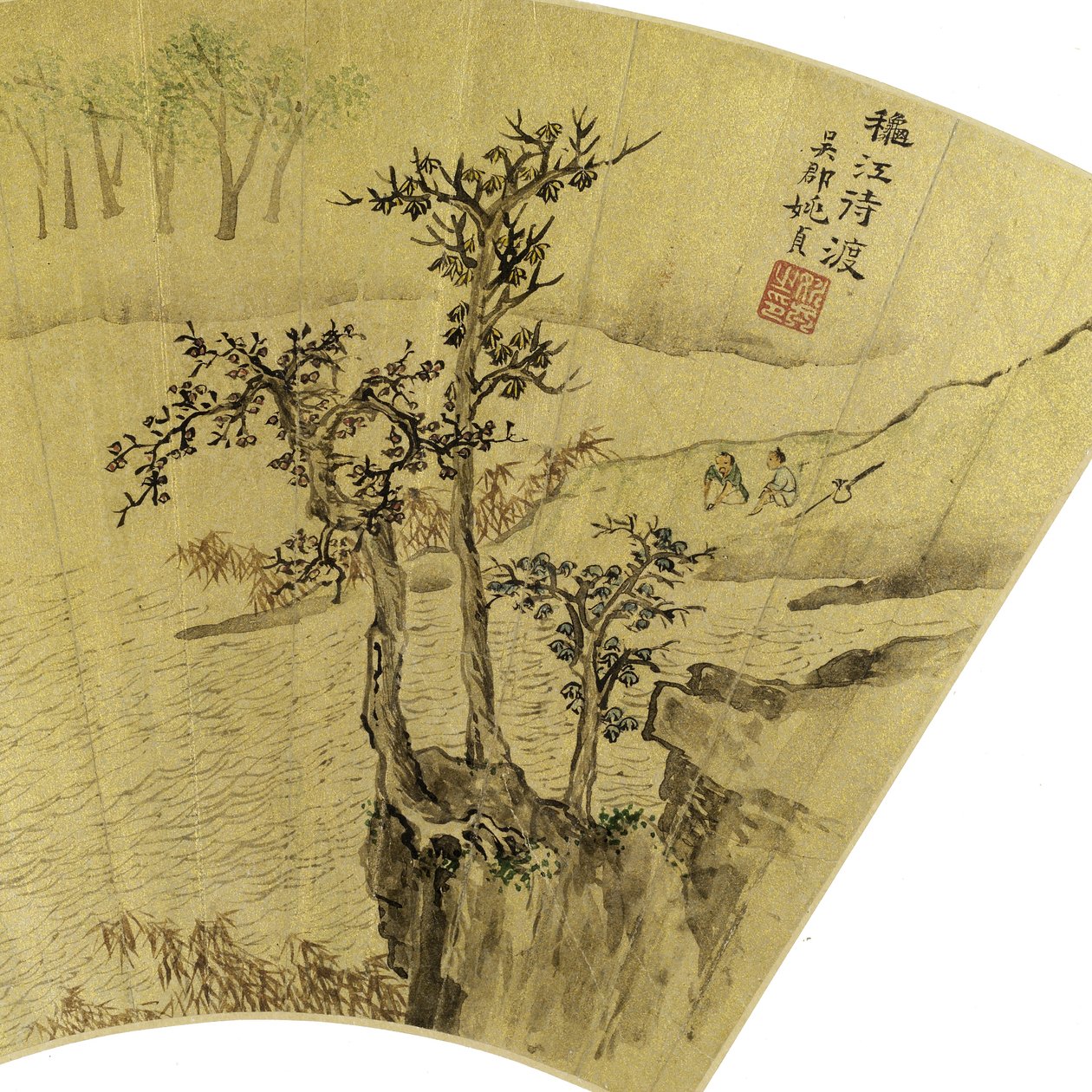男性とロバが川のインクを横切って運ばれている風景の詳細と金の紙の色 作： ジェンヤオ
