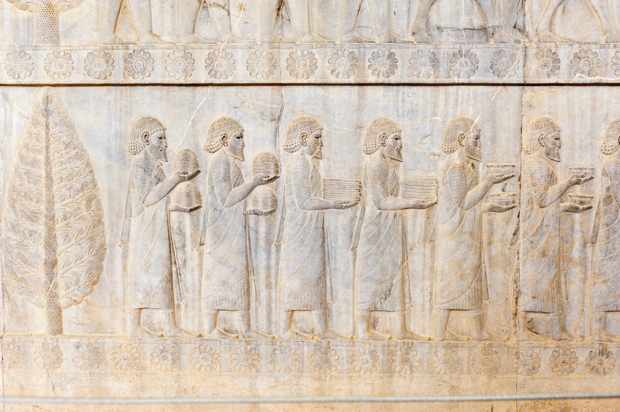 アケメネス朝の古代レリーフ、イオニア人の代表団、アパダナ宮殿、遺跡、ペルシャの古代都市ペルセポリス、ユネスコ世界遺産、ファールス州、イラン、アジア 作： フレデリック (帰属) バーナード
