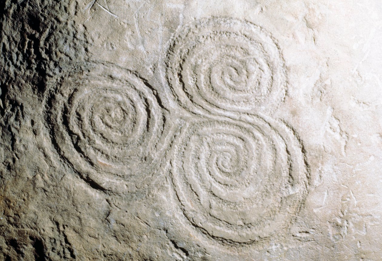 ニューグランジ石器時代通路墓の曲線的な岩石彫刻の詳細（ユネスコ世界遺産登録 作： ダニエル・ファン・デン・ケボーン