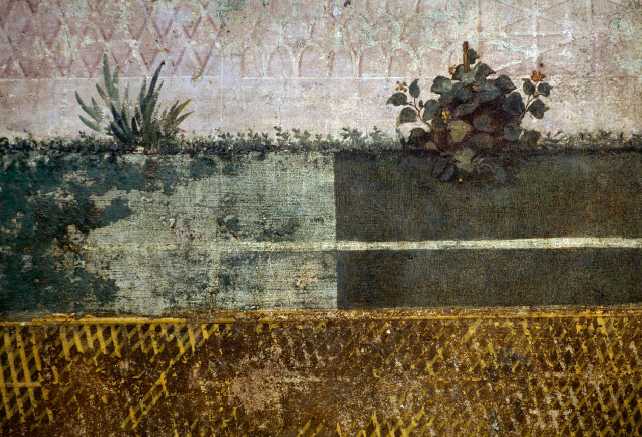 イタリア・ローマ、パラティーノの丘にあるリヴィア家の庭園に描かれた果樹と鳥のいる庭園を描いたフレスコ画の詳細、花瓶。ローマ文明 作： ダニエル・ファン・デン・ケボーン