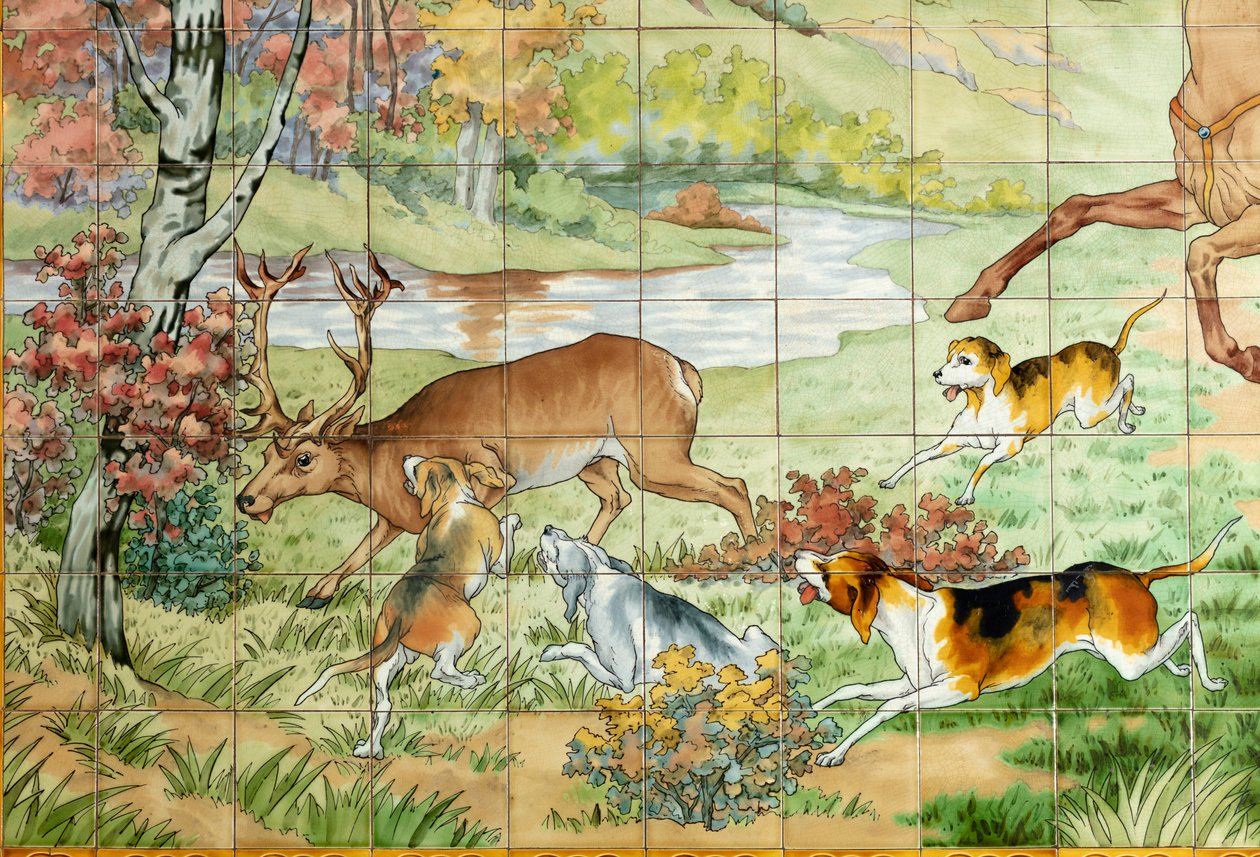 インテリア ビュー、タイル パネル、画家 Furcy Ernest Tondeur、執行者 Boch Frères La Louvière、最初のパネル、3 人の騎手との狩猟シーン、詳細 作： 。 。