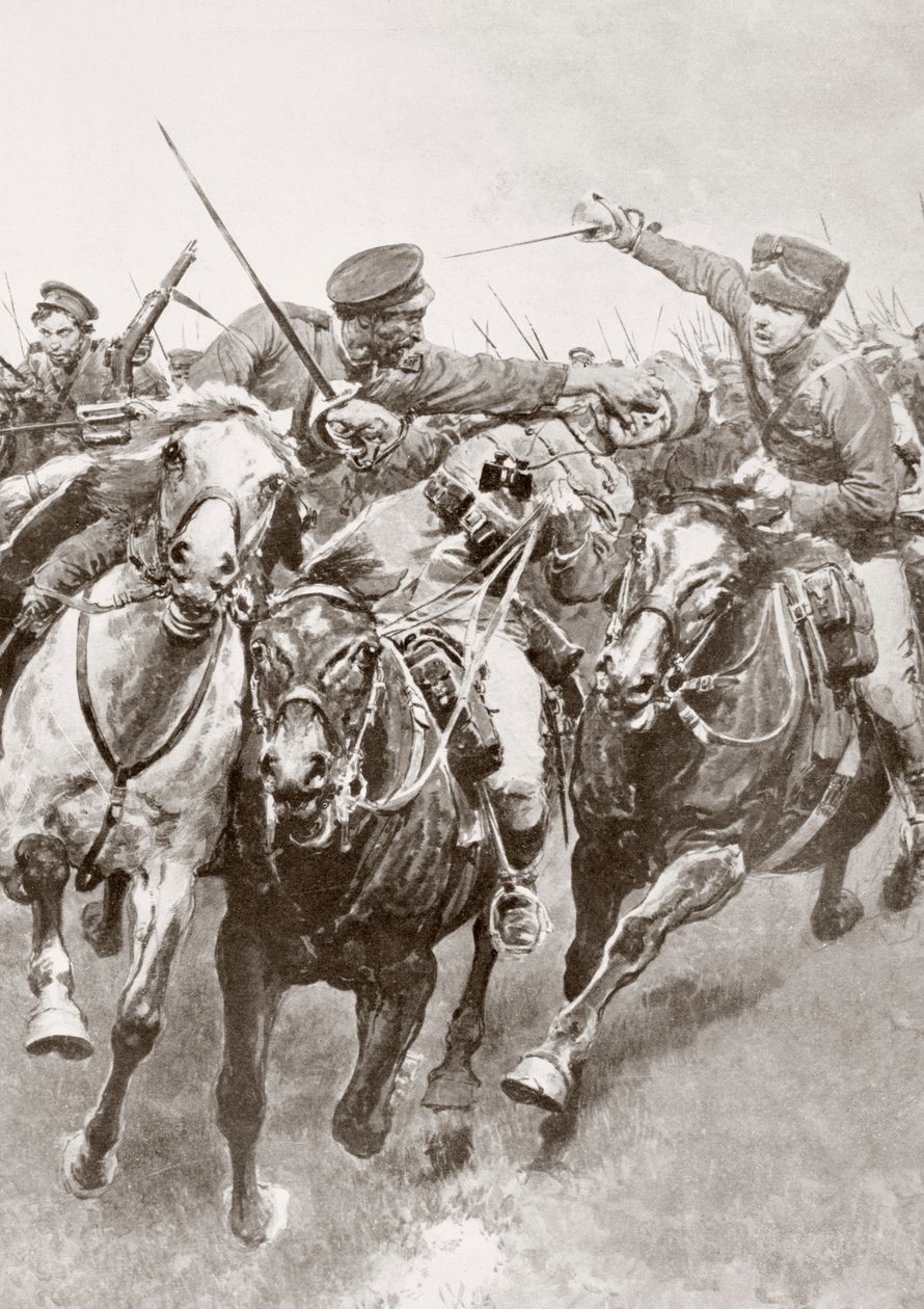 第一次世界大戦中の1914年8月、東プロイセンのコルシェンとバルテンシュタインの間のシュヴァンスフェルトで行われたロシアのコサックとドイツの「死の小銃」と呼ばれる騎兵の騎馬戦（La Esferaより）。 作： フェルディナンド・ゲオルグ・ヴァルドミュラー
