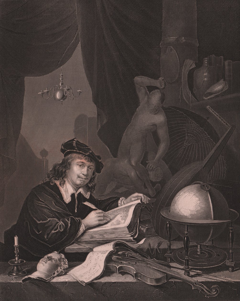 オランダ人画家ゲリット・ドウ（1613-1675）の肖像 絵画「ゲリット・ドウ」からのアルバート・ヘンリー・ペインによるエングレーヴィング ペインズ・ロイヤル・ドレスデン・ギャラリー所蔵 アルバート・ヘンリー・ペイン著 H・ペイン ドレスデン・ライプツィヒ出版社 1840年頃 作： セヴェリーニセヴェリーニ