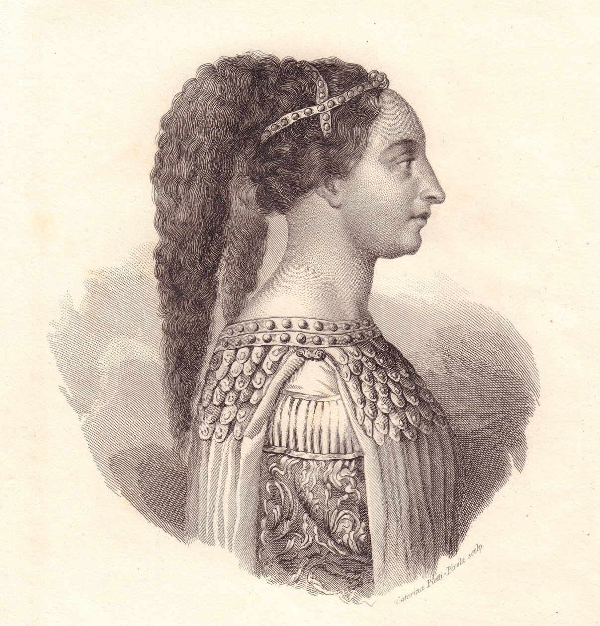 イタリアの貴婦人Isotta degli Atti（1432年頃～1474年頃）の肖像、Caterina Piotti-Pirolaによる銅版画 作： セヴェリーニセヴェリーニ