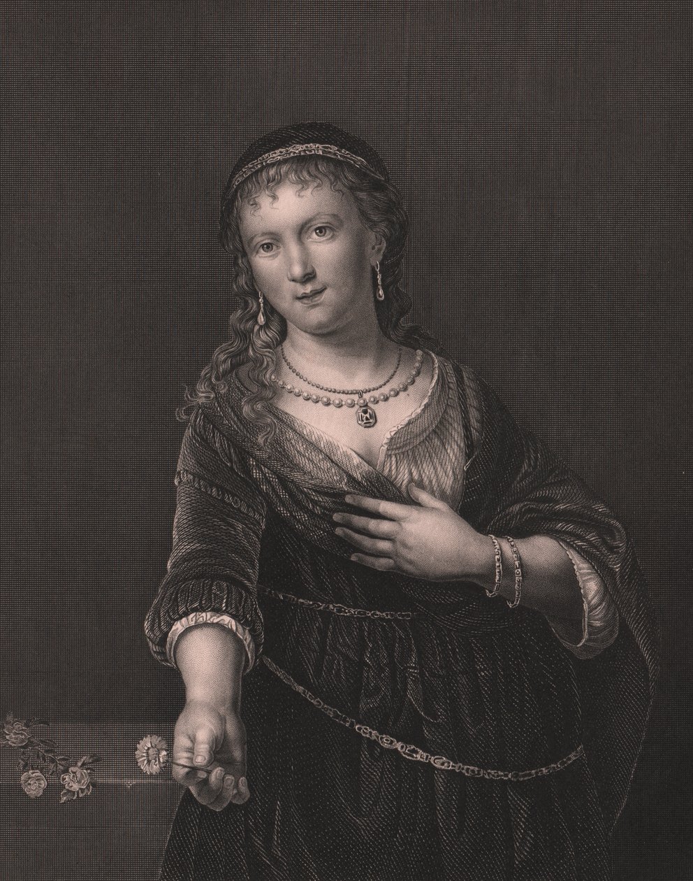 Porträt von Saskia van Uylenburgh (1612-1642), Ehefrau von Rembrandt, Gravur von Daniel John Pound nach einem Gemälde von Rembrandt, aus Payne
