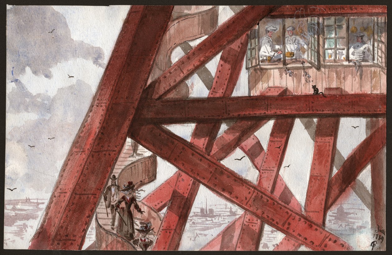 パリのエッフェル塔の階段を上る観光客。 1階のレストランで調理するシェフ。 1889年（イラスト） 作： 。 。