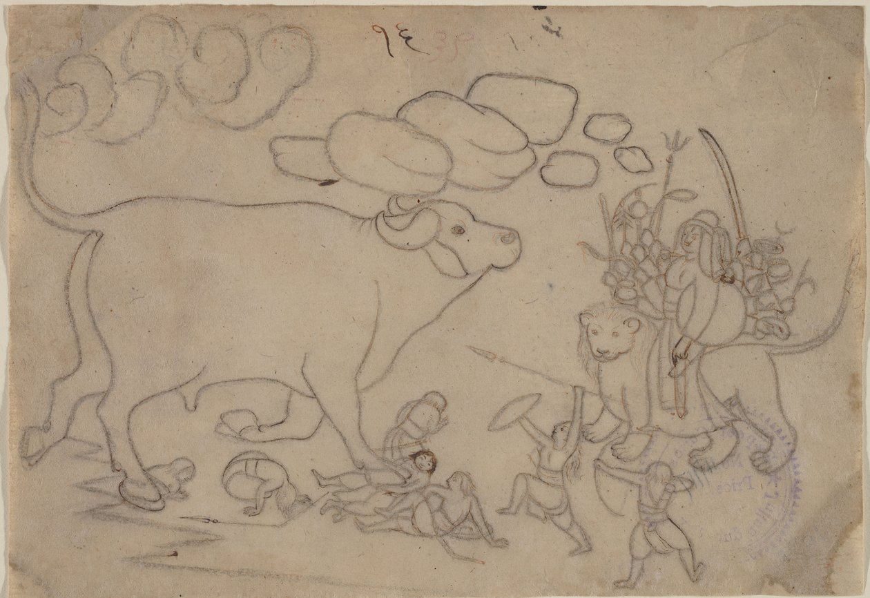 ドゥルガーが水牛の悪魔マヒシャに立ち向かう: デヴィ マハトミヤの場面 1780年。 作： Nainsukhの後の第一世代のマスター