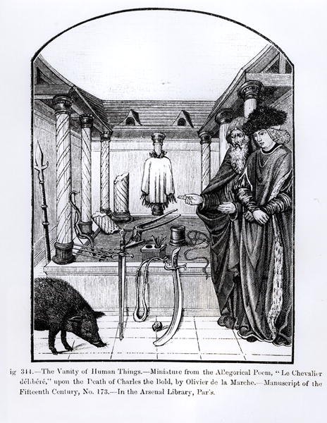 中世の科学と文学のチャールズ・ザ・ボールド（1433-77）のイラストが死去した際のオリヴィエ・デ・ラ・マルシェの寓意詩、ル・シュヴァリエ・デリベールからの人間の虚栄心 作： フランス語学校
