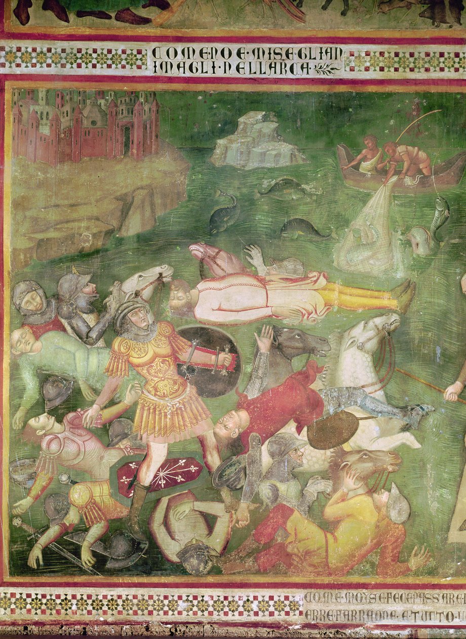 紅海を渡る、旧約聖書の場面、1356-67年の軍隊で溺死したファラオの詳細 作： So Manfredi de Battilori Bartolo di Fredi