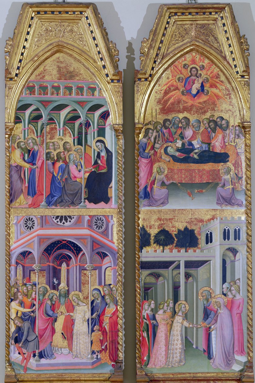 聖母の戴冠式の三連祭壇画、左と右のパネル 作： So Manfredi de Battilori Bartolo di Fredi