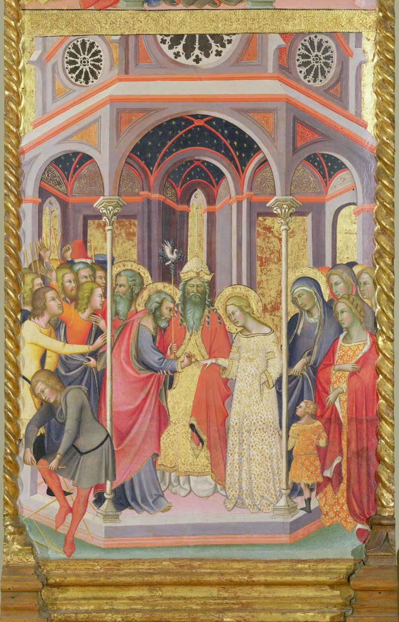 聖母の戴冠の三連祭壇画、聖母の結婚を描いた左翼 作： So Manfredi de Battilori Bartolo di Fredi