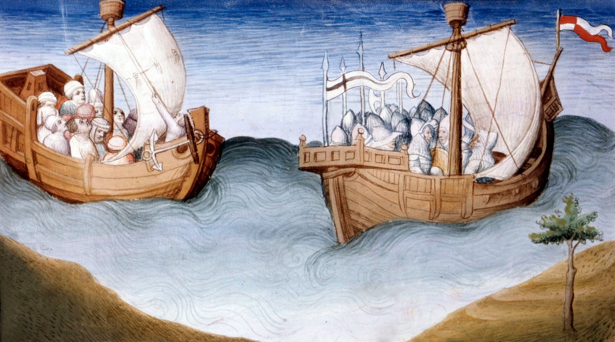 Fr 2810氏、Livre des merveilles作の十字軍の艦隊、c.1410-12（ベラムのテンペラ） 作： ワークショップブシコーマスター