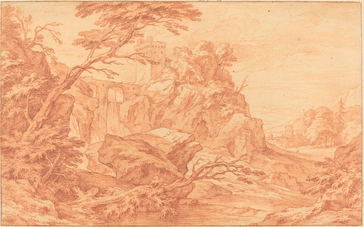 石塔と滝のある岩山風景 作： Adriaen FransBoudewynsによるもの