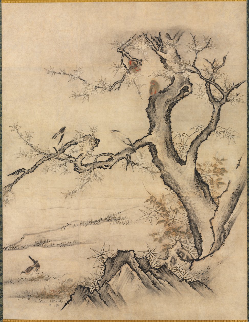春の風景の中の花と鳥 作： 狩野元信による