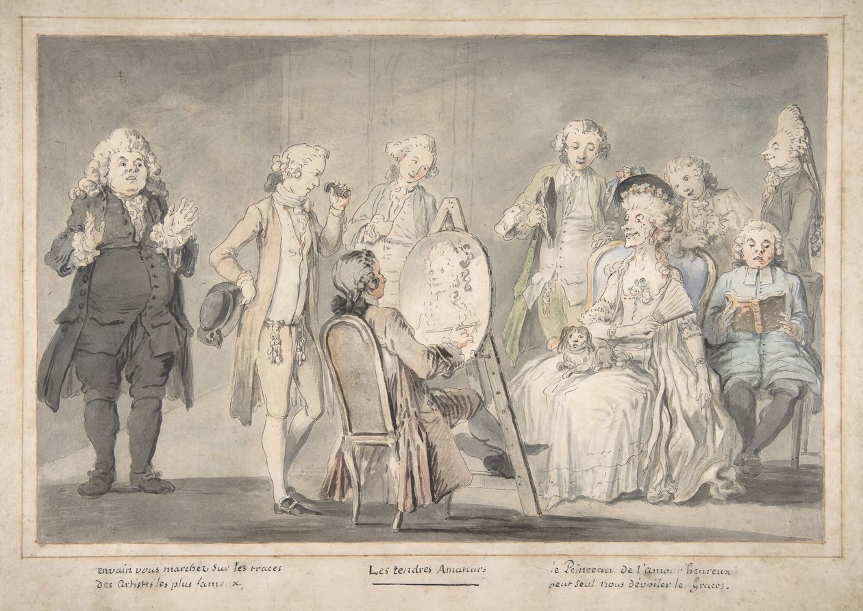 諷刺画。老婦人の肖像を描く画家、1729-1804年。 作： ピエトロアントニオノヴェッリに起因します。