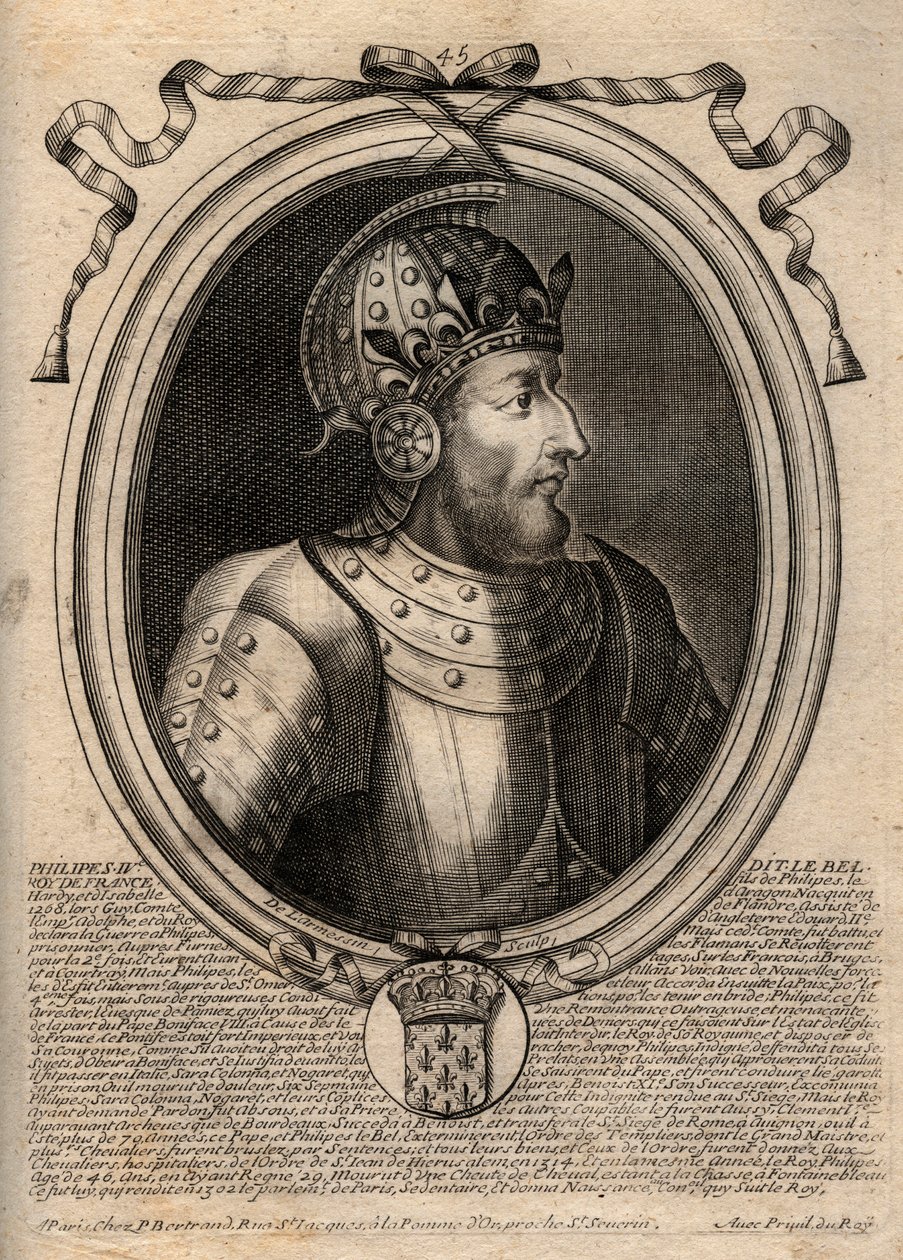 フランス王フィリップ4世（1268 - 1314）の肖像 - フィリップ4世（1268 - 1314）フランス王 - パリの「Les Augustes Representations de tous les Kings de France from Pharamond to LouisXIV」からのエングレーヴィング 作： de Larmessin