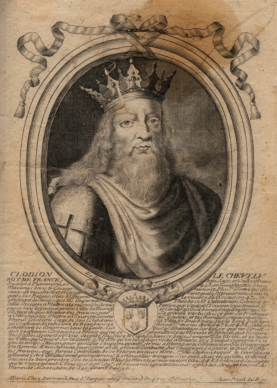 Clodion dit "Le Chevelu" (428-448) メロビンジアンの祖先、サリア・フランク族の長 - Clodion the Hairy (c.428-47) サリア・フランク族の王 - 「Pharamond tからのフランスの各王の8月の表現」からの彫刻。 作： de Larmessin