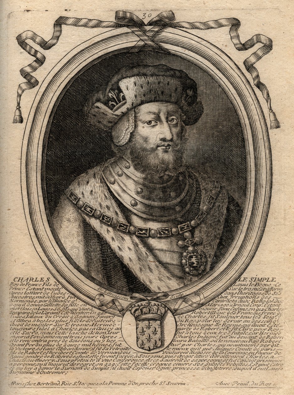 シャルル3世（879-929）フランク王国の王の肖像 - CHARLES III (879-929) - Charles the Simple - King of France, 893-923 - engraving from 