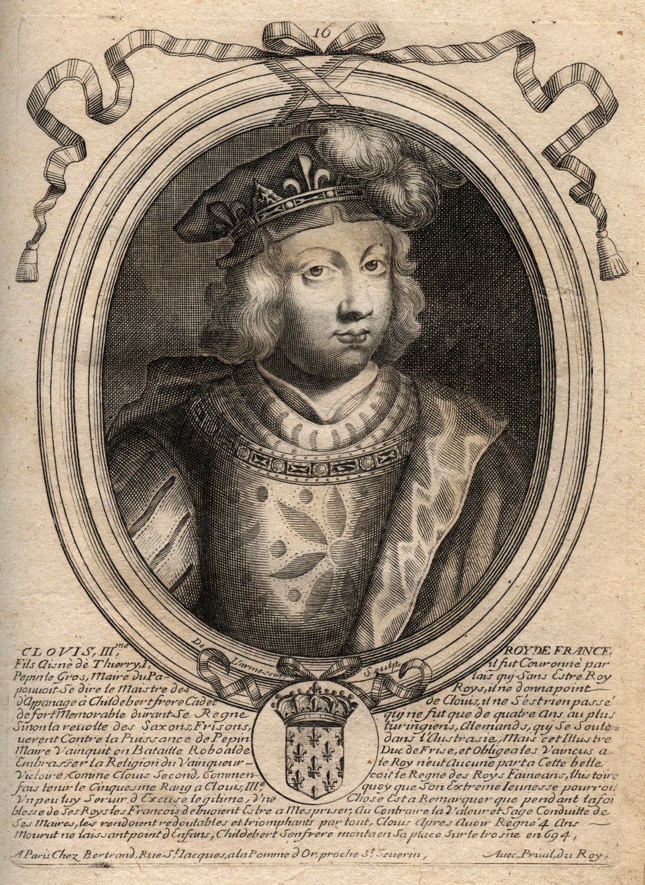 691年から695年までフランク王国の王であったクローヴィス3世の肖像 - CLOVIS III Merovingian king of Neustria and Austrasia - 「Les Augustes Representations de tous les Kings de France from Pharamond to LouisXIV」（パリ）の彫刻作品。 作： de Larmessin