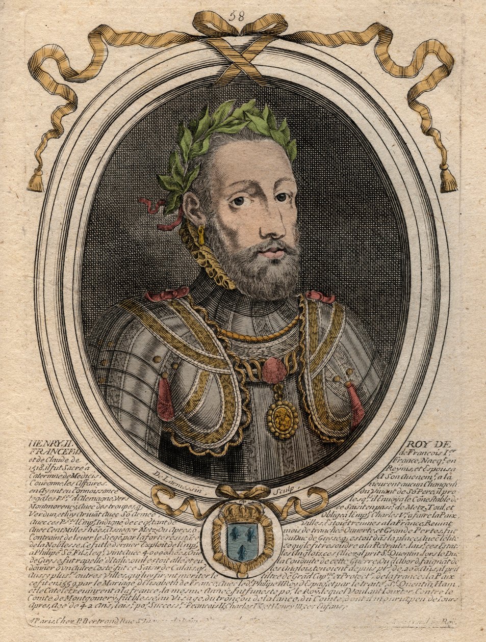 アンリ2世（1519-1559）フランス王の肖像 - アンリ2世（1519-59）フランス王 - パリの「ファラモンからルイ14世までのフランスの各王の8月の肖像」からのエングレービング 作： de Larmessin