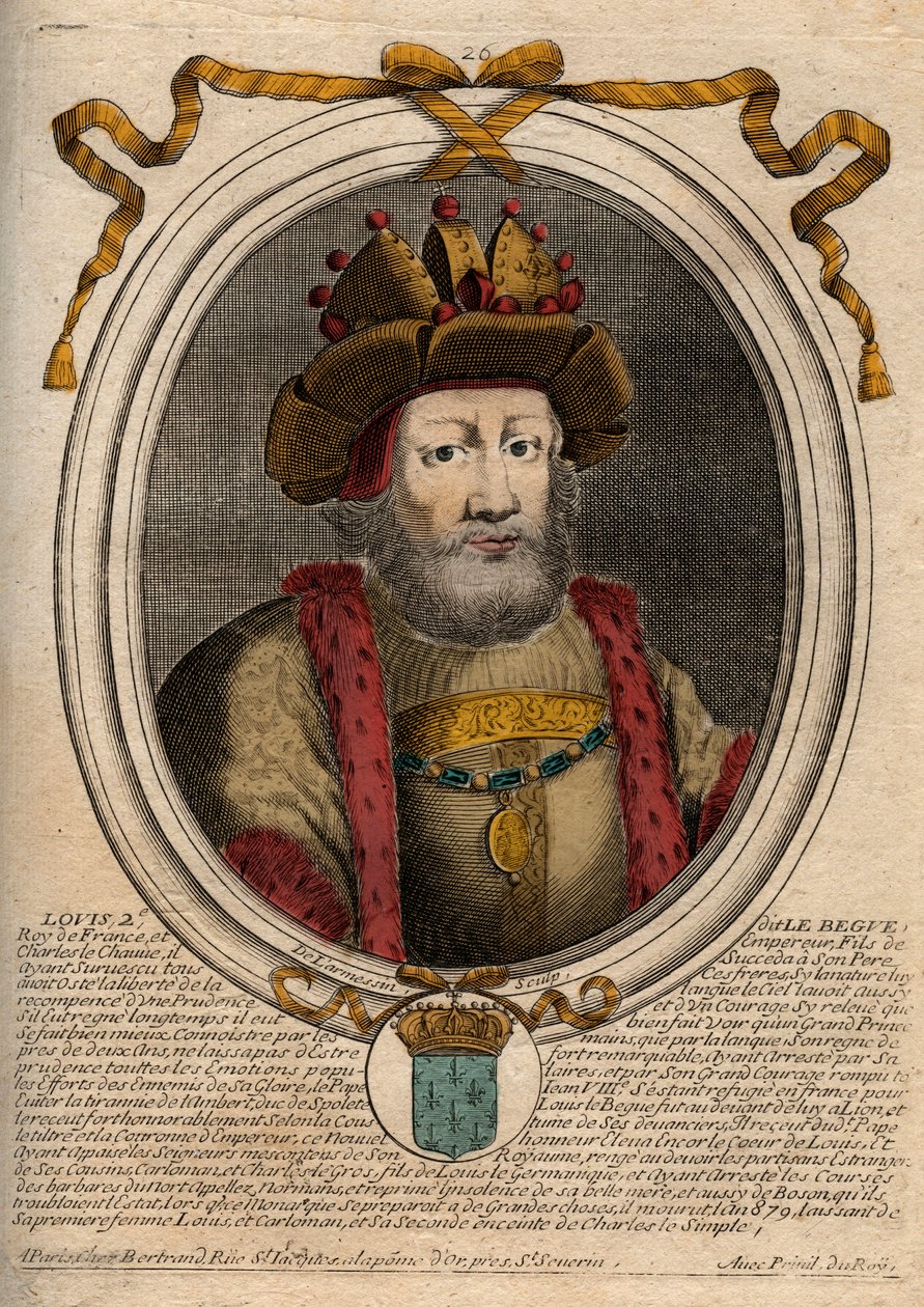 フランク王ルイ2世（846年～879年）の肖像 - スタンマラーのルイ2世（848年～879年） - パリの「ファラモンからルイ14世までのフランスの各王の8月の表象」の彫刻作品 作： de Larmessin